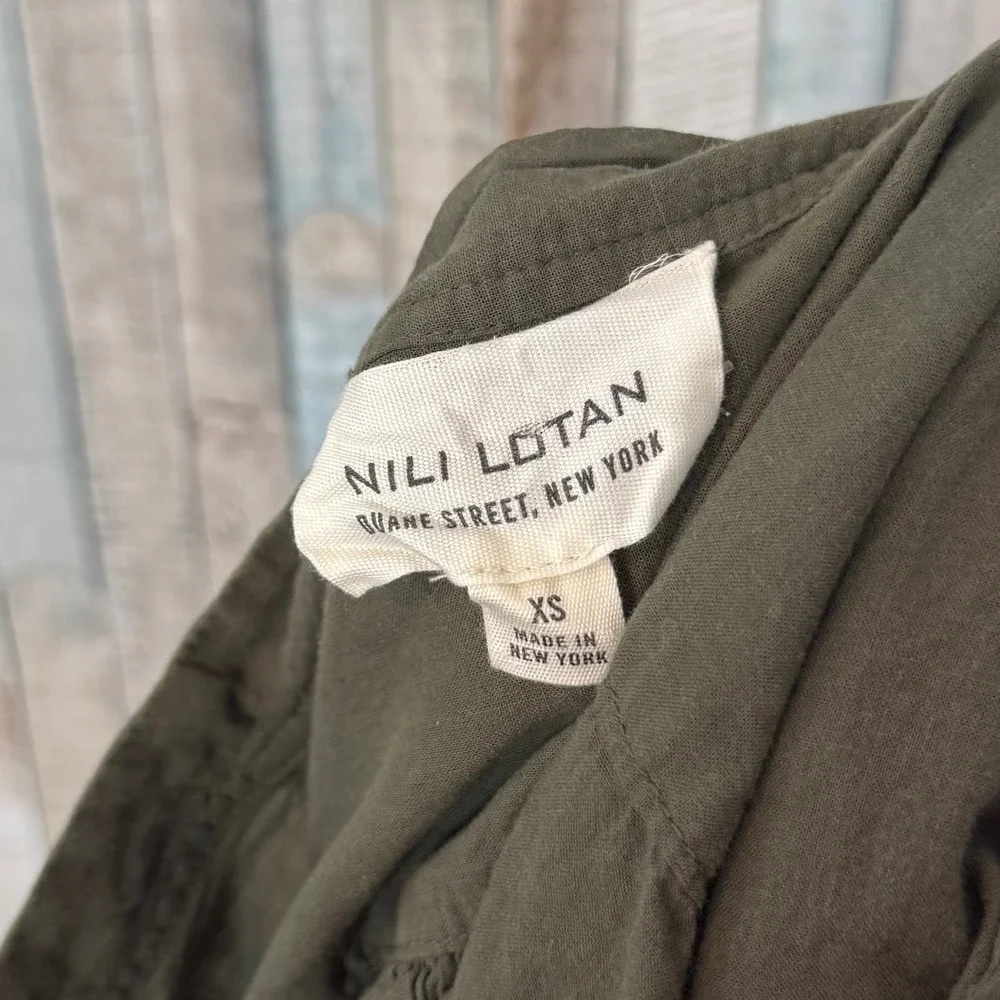 Nili Lotan XS Olive 100% Cotton Pleated Pintucked Tunic Mini Dress Boho Made USA